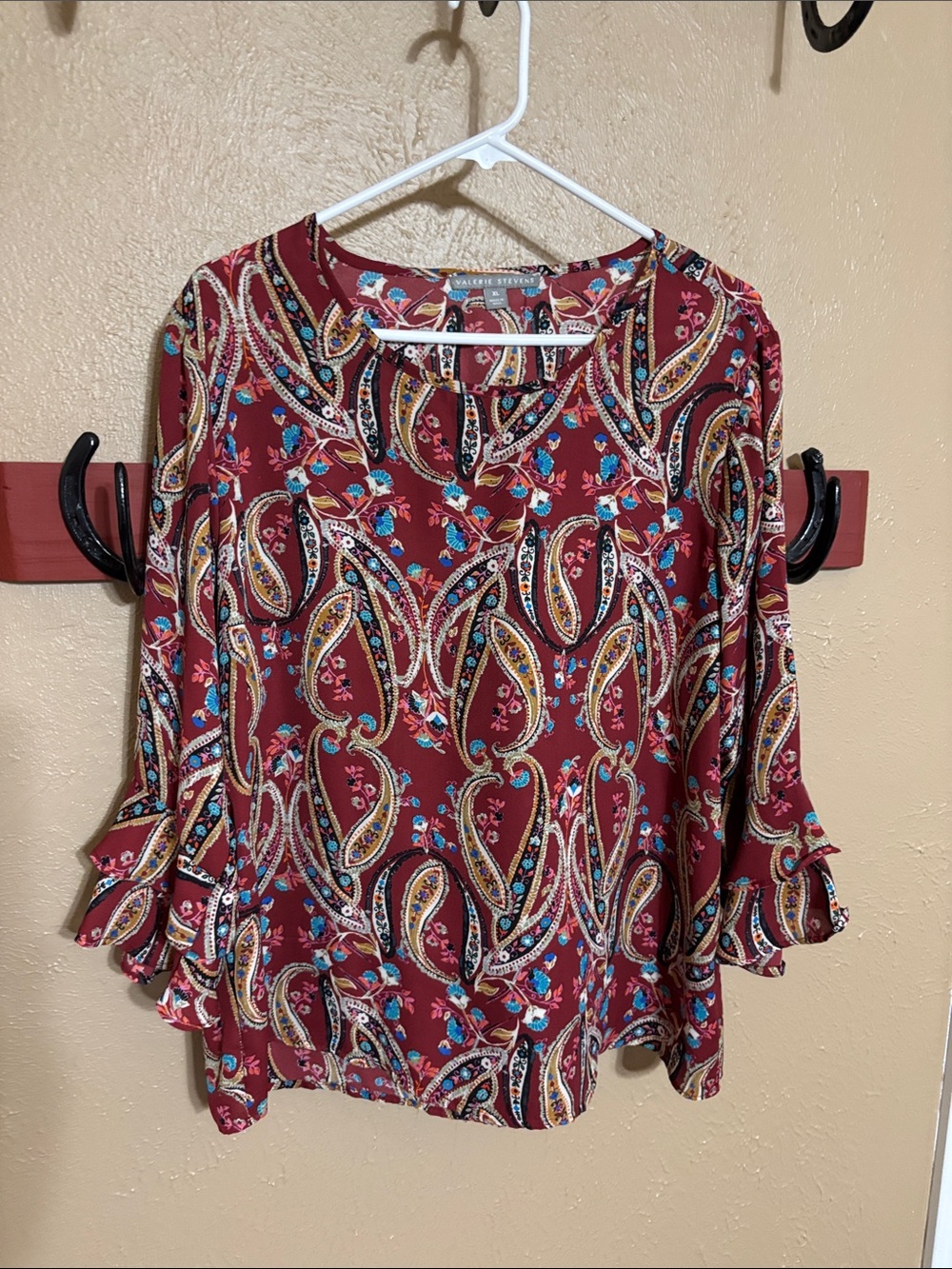 Valerie Stevens Maroon Paisley Ruffle Sleeve Blouse